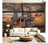 250 x 175 cm Rustique Vintage Intissé Papier Peint Panoramique | Planche Bois Poutre Porte Grange Cadenas Fer Impression Intissé Murale Papier Peint, Brun pour Salon Fond de TV