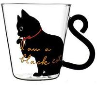 250ml Tasse en Verre Mug de Lait Chat Mignon Verre à Eau Transparent 3D avec Poignée Tasse Mug à Café Résistant à la Chaleur Micro-ondes Cup Coupe à Thé Chocolat Boisson pour Adultes Enfants (Noir)