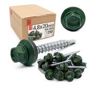 250x Vis autoforeuse metal 4,8x20 mm | RAL 6020 vert olive foncé | vis autoperforante avec rondelles metal | vis à bois, vis bac acier, tirefond | Lun Fix
