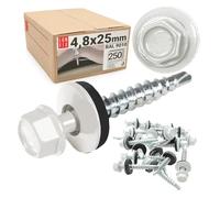 250x Vis autoforeuse metal 4,8x25 mm | RAL 9010 blanc pur | vis autoperforante avec rondelles metal | vis à bois, vis bac acier, tirefond | Lun Fix