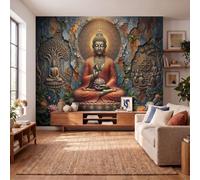 250x175cm Papier Peint soie religieux rétro pour Cuisines Chambre | Geant Mural Papier Peint Photo Panoramique Statue Bouddha, arbre la Bodhi, roue du Dharma pour Salon Chambre à Coucher Bureau