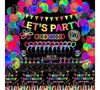 255 Pack Fournitures de Fête Fluorescentes Décorations de Fête Avec Bâtons Lumineux Ensemble de Décorations Réactives à la Lumière Noire - Bannière, Ballons Phosphorescents, Nappes, Bâtons Lumineux