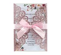 25PCS Cartes D'invitation Mariage Pailletée Dentelle Paon Plumes Découpées Au Laser avec Enveloppe, Feuille Intérieure Vierge Et Ruban, Cartes en Papier pour Mariage, Fiançailles, Invitation à Fête