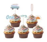 25pcs Décoration de Gâteau de Surf en Forme de Vague, 5 Styles Décoration de Gâteau Big One Soleil Voiture Planche de Surf Vague Décoration de Fête du Premier Anniversaire pour Anniversaire