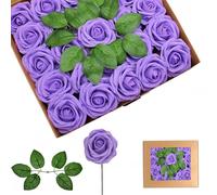 25Pcs Roses Artificielles Violet Rêveur,En Mousse Faux Rose Avec Tiges,Rose Artificielles Cimetiere,De Faux Ivoire Roses pour Deco Mariage,Décoration d'anniversaire,Saint Valentin,Décoration Maison