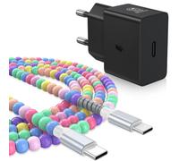 25W Chargeur USB C Secteur avec 1m Perles Câble pour Galaxy S26 A17 Noir | Prise Secteur USBC Adapteur pour Galaxy A27 A16 A57 A37 A26 A56 A36 S25 S24 S23 S22 S21 S20 Ultra S10 S9 A06 Z Fold 8 Flip 8