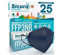 25x Masque FFP3 Bleu élastiques noirs certifié CE fabriqué en Italie Haute Filtration Plus élevée BFE ≥99% PFE≥99% Masques 25 pièces Scellés Individuellement UV-C Désinfectez
