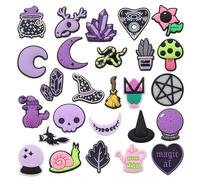 26 breloques de chaussures thème violet, comprenant chat de lune, crâne, chapeau de sorcier, escargot, feuille, fleur, cœur, serpent, cactus et balai, parfait pour décorer les sandales et les chaussur