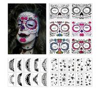 26 Feuilles Halloween Tatouages Temporaire Pour Visage,Autocollant de Tatouage d'araignée,Tatouages de Crâne de Sucre de Jour des Morts pour Maquillage de Fête D'Halloween Enfants Adultes