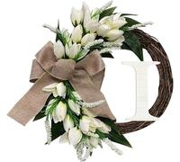 26 Lettres Couronne Décorative, Porte Suspendue Tuliper Anneau en Rotin Décoration Murale pour Toute Famille, Cadeau De Pendaison De Crémaillère pour Les Nouveaux Propriétaires, I, 37cm