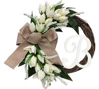 26 Lettres Couronne Décorative, Porte Suspendue Tuliper Anneau en Rotin Décoration Murale pour Toute Famille, Cadeau De Pendaison De Crémaillère pour Les Nouveaux Propriétaires, B, 37cm