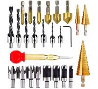 26 outils de forage pour le travail du bois, y compris 6 forets à fraiser, 7 forets à trois pointes avec clé en L, 8 coupe-bouchons à bois, forets à 3 étapes, et automatique pour le perçage du bois-