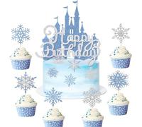 26 PCS Décorations de Gâteau Château de glace, Flocon de Neige Decoration Gateau Anniversaire Princesse pour Filles, Happy Birthday Cake Topper, Fournitures de Fête pour Noël Pays Merveilles Hiver