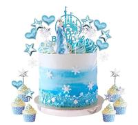 26 Pièces Decoration Gateau, Cake Topper Elsa, Figurine Reine Des Neiges, Flocon de Neige Decoration, Happy Birthday Topper, Cake Topper pour Fournitures de Fête d'Anniversaire Fille