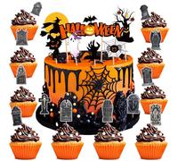 26 Pièces Halloween Cupcake Toppers,Insert à Gâteau Halloween,Set De Décoration Happy Halloween,Cake Design pour la Fête d'halloween Décoration Fournitures,Utilisé pour Gâteaux,Cupcakes