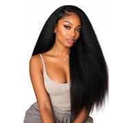 26 Pouces Perruque Bresilienne Cheveux Humain Kinky Straight 200% Densité 13X4 Perruque Femme Naturelle Bou sans colle Yaki Straight HD Lace Front Wig Human Hair For Women Couleur Naturelle (66cm)