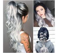 26 Pouces Perruques Argent Longues pour Femmes Cheveux Naturels Synthétiques Perruque Argent Ombre avec Racines Foncées Perruque Synthétique Perruques Loose Wavy Résistant à la Chaleur