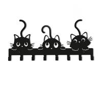 26 x 12cm Porte Clef Murale Métal avec 8 Crochets, Accroche Porte orme Chat en Accroche, Petit Portable Accroches, Organiseur Décoratif Noir pour Entrée Porte Couloir Bureau (Trois chatons)