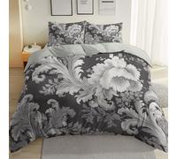 260 x 240 cm Set Housse de Couette Gris,100% Microfibre Parure de Linge de Lit Traditionnel Peinture À L'Encre Plantes Fleurs Imprimée Housse de Couette avec Fermeture éclair, 4 Attaches de Coin
