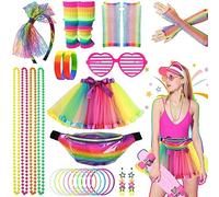 26PCS Déguisement Année 80 Accessoire Femme,Disco 90 Costume Vetement Fête Fluo avec Tutu Sac Banane Serre-tête Boucles Colliers Bracelets Gants Jambières Lunettes pour Noël Soirée Carnaval (Rainbow)