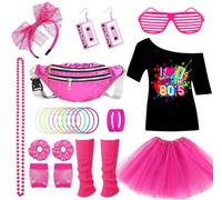 26PCS Deguisement Annee 80s Accessoire, Tenue de Soirée Disco Néon des Années 90s, T-shirt, Tutu, Bracelet, Sac Banane, Lunette, Bracelet, Colliers, Jambières, Tenu Année Thème Soirée Carnaval Femme