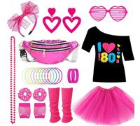 26PCS Deguisement Annee 80s Accessoire, Tenue de Soirée Disco Néon des Années 90s, T-shirt, Tutu, Bracelet, Sac Banane, Lunette, Bracelet, Colliers, Jambières, Tenu Année Thème Soirée Carnaval Femme