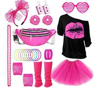 26PCS Deguisement Annee 80s Accessoire, Tenue de Soirée Disco Néon des Années 90s, T-shirt, Tutu, Bracelet, Sac Banane, Lunette, Bracelet, Colliers, Jambières, Tenu Année Thème Soirée Carnaval Femme