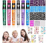 26Pièces Tatouage Temporaire Enfant Stylos Tatouage Enfants Stylo Gel à Paillettes Tatouage Kit avec 13Pochoir Tatouage D'autocollants Diamant 5Autocollants Lumineux pour Cosplay Halloween Pâques Noël