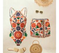 26SS Maillot de bain une-pièce élégant BOHO multicolore avec jupe assortie, convient pour la plage et les vacances en station balnéaire, printemps/été L,M,S,XLPlantesPolyester