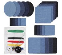 27 Pièces Jean Patch Thermocollant Kit, 25 Tissu Thermocollant avec 2 Trousse de Couture, Patches à Repasser pour DIY Décoration Réparation Bleu Assorties