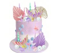 27 pièces ou 10 pièces Décorations de gâteau thème sirène, décorations de gâteau thème sous-marin, queue de sirène violette et rose, algues, coquillages, étoiles de mer, boules de bulles transparentes