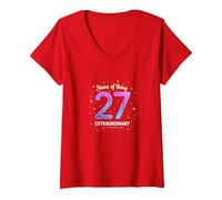 27 Years of Being Extraordinary Cadeau d'anniversaire T-Shirt avec Col en V, Femme, Rouge, L
