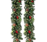 270cm Guirlande Sapin Artificiel Nëol Lumineuse Vert avec 50 LEDs,230 Tete,Pomme de pin Fruit Rouge,Couronne Sapin Noël pour décoration Cheminée Porte Escalier (270CM, Guirlande avec LED)