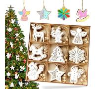 27PCS Decoration Noel Bois Ornements, Boule en Bois Pendentifs Artisanat Double Couche Couleur-Blanc, Cerf Flocons Suspension Sapin de Noël Déco pour DIY Fête