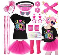 27PCS Deguisement Annee 80s Accessoire, Tenue de Soirée Disco Néon des Années 90s, T-shirt, Tutu, Bracelet, Sac Banane, Lunette, Bracelet, Colliers, Jambières, Femme Tenu Année Thème Soirée Carnaval