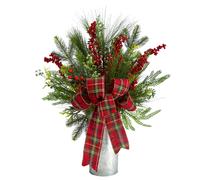 28 baies de verdure d'hiver de vacances et arrangement artificiel de No l avec n ud carreaux, d coration d'int rieur