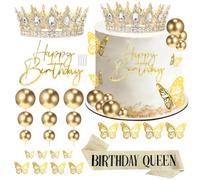 28 PCs Décoration Gâteau Anniversaire, Couronne Déco Gâteau de Cristal Blanc, Boule Decoration Gateau, Happy Birthday Cake Topper, 3D Papillon Cake Topper, etc. pour Anniversaire, Fête Princesse