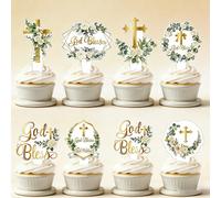28 pièces/set, Décorations de cupcakes avec croix "Que Dieu bénisse", décorations de cupcakes de baptême avec feuillage floral et croix "Que Dieu bénisse", piques à cupcakes "Oh bébé" pour première co