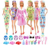 28 vêtements et accessoires pour poupées, pyjamas et peignoirs de poupée à la mode compatibles avec les poupées Barbie, 4 pyjamas mignons de poupée, 1 peignoir, articles de toilette, masque pour le