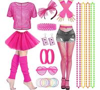 28PCS Déguisement Année 80 Accessoire Femme, Années 80s Disco Costume avce Tutu Fluo Hauts Gants Résille Collant Colliers Lunettes Bandeau Jambières Bracelets pour Femme Années 80s 90s Fête Néon