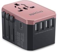 28W Universal Travel Adapter with 1 USB-C Port and 4 USB-A Ports,International Plug for Germany,France,USA,UK,Japan,Thailand,Australia,Pink