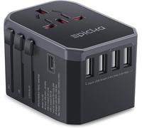 28W Universal Travel Adapter with 1 USB-C Port and 4 USB-A Ports,International Plug for Germany,France,USA,UK,Japan,Thailand,Australia,Grey