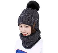 29 IYEBRAO Ensemble bonnet d'hiver tricoté à pompon et écharpe pour femmes - Bonnet de ski slouchy épais doublé polaire pour filles - Bonnet crâne chaud, gris, taille unique