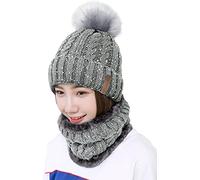 29 IYEBRAO Ensemble bonnet d'hiver tricoté à pompons et écharpe pour femme - Bonnet de ski épais doublé en polaire chaude, gris clair, taille unique