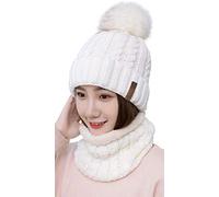 29 IYEBRAO Ensemble bonnet et écharpe d'hiver en tricot avec pompon et doublure en polaire épaisse pour femme, blanc, taille unique