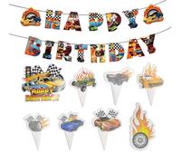 29 Pièces De Décorations De Gâteau De Course De Flammes, 1 Pièce De Bannière Joyeux Anniversaire, Décorations De Gâteau D'Anniversaire Pour Enfants, Décorations De Fête D'Anniversaire De Garçons
