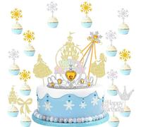 29 pièces de décorations pour gâteaux Frozen Crown Snowflake Sticks pour enfants, pancarte pour gâteau d'anniversaire Snowflake Castle, Elsa, Cendrillon pour fête d'anniversaire.
