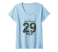 29 Years of Being Wild - Cadeau d'anniversaire pour Amoureux de la Nature T-Shirt avec Col en V, Femme, Bleu Céleste, XXL