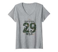 29 Years of Being Wild - Cadeau d'anniversaire pour Amoureux de la Nature T-Shirt avec Col en V, Femme, Gris Chiné, XXL