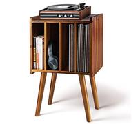 2BHOME Support de tourne-disque LP en bois avec 4 armoires, peut contenir jusqu'à 100 vinyles, support de rangement en métal et table de rangement, design classique pour fichiers/livres (moderne du